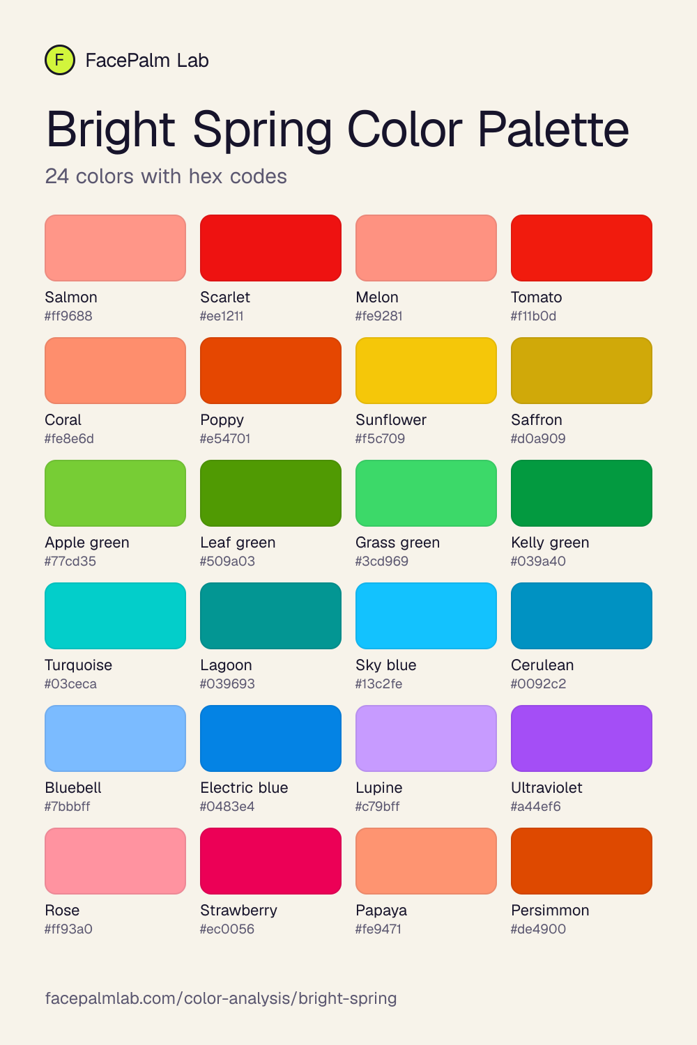 Bright Spring Color Palette with all 24 hex codes