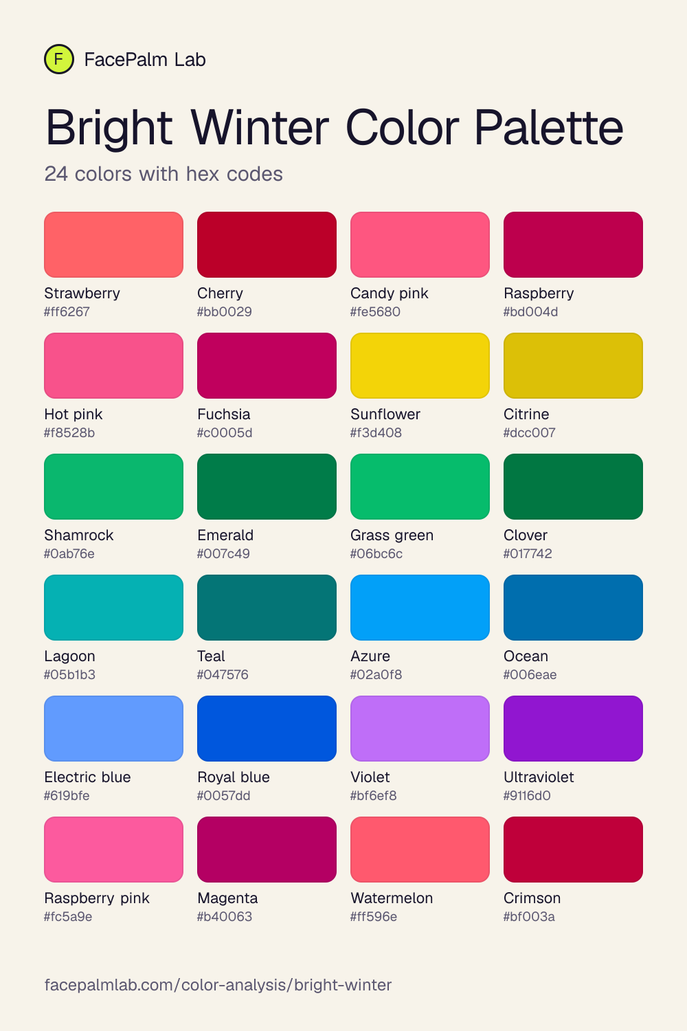 Bright Winter Color Palette with all 24 hex codes