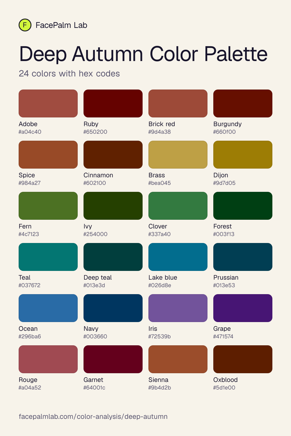 Deep Autumn Color Palette with all 24 hex codes