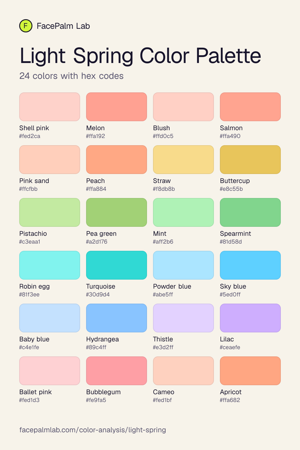 Light Spring Color Palette with all 24 hex codes