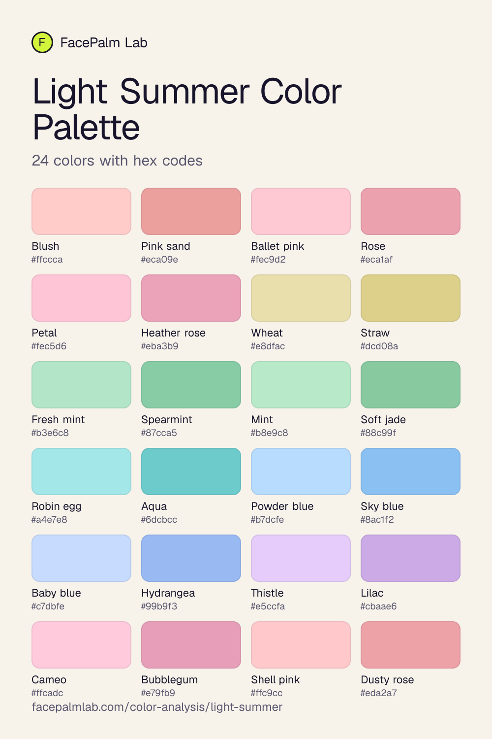 Light Summer Color Palette with all 24 hex codes