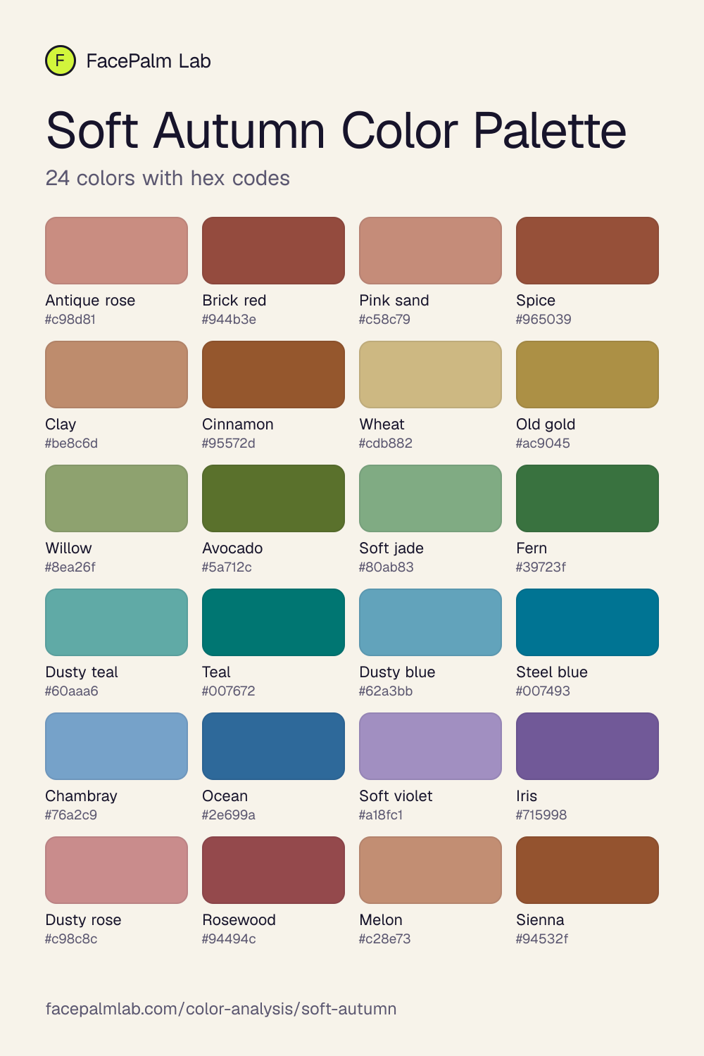 Soft Autumn Color Palette with all 24 hex codes