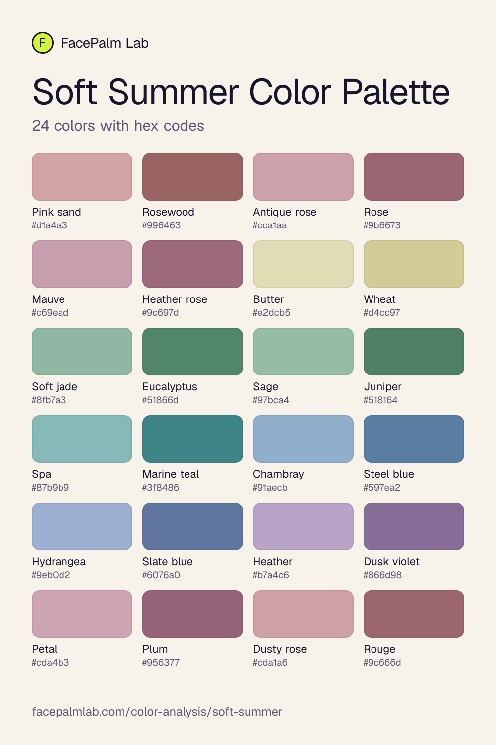 Soft Summer Color Palette with all 24 hex codes
