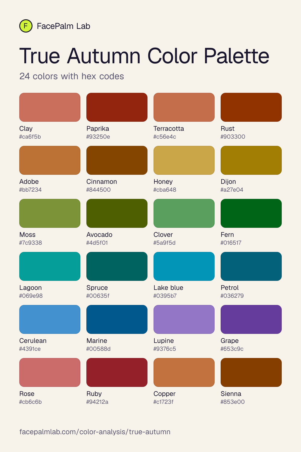 True Autumn Color Palette with all 24 hex codes
