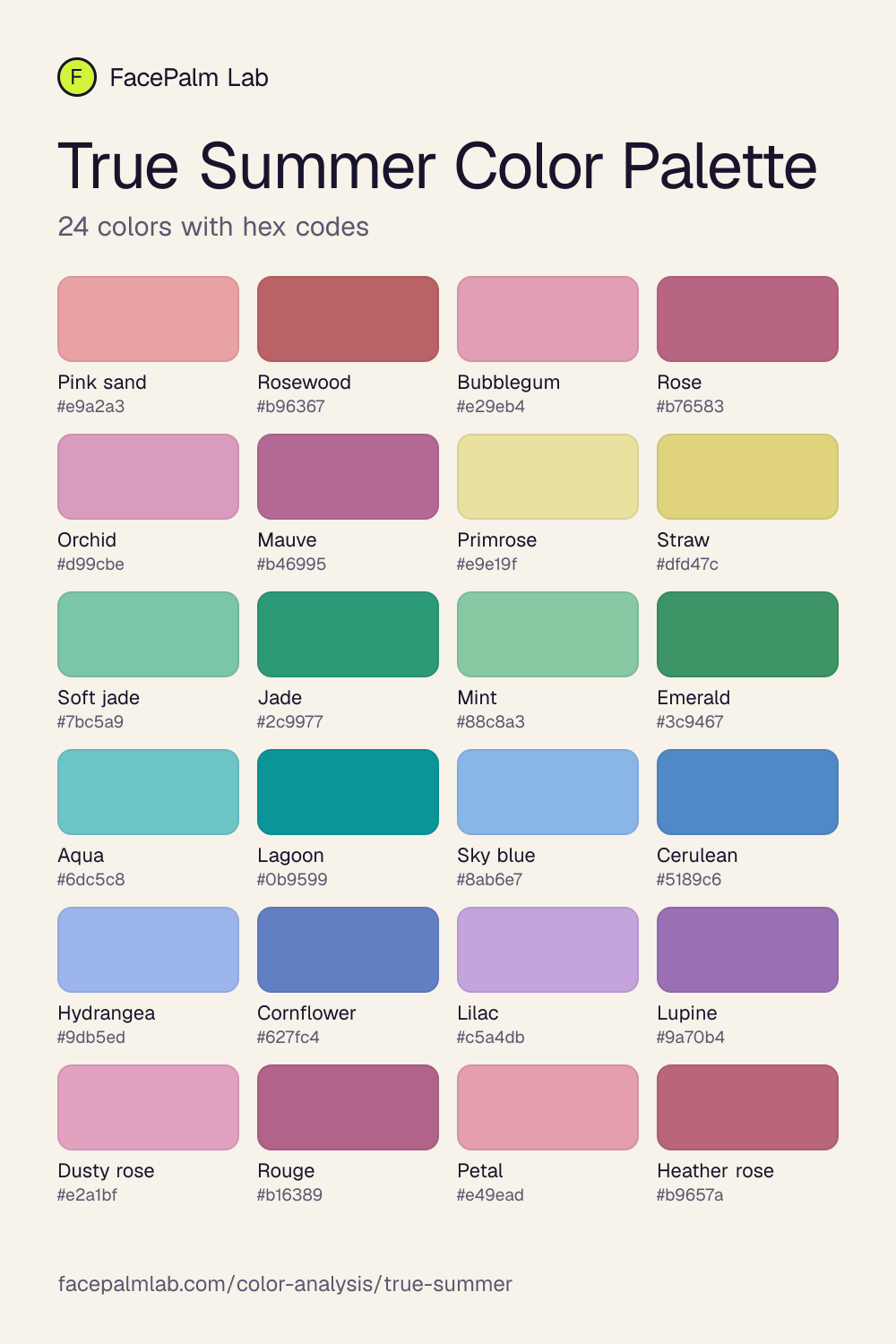 True Summer Color Palette with all 24 hex codes