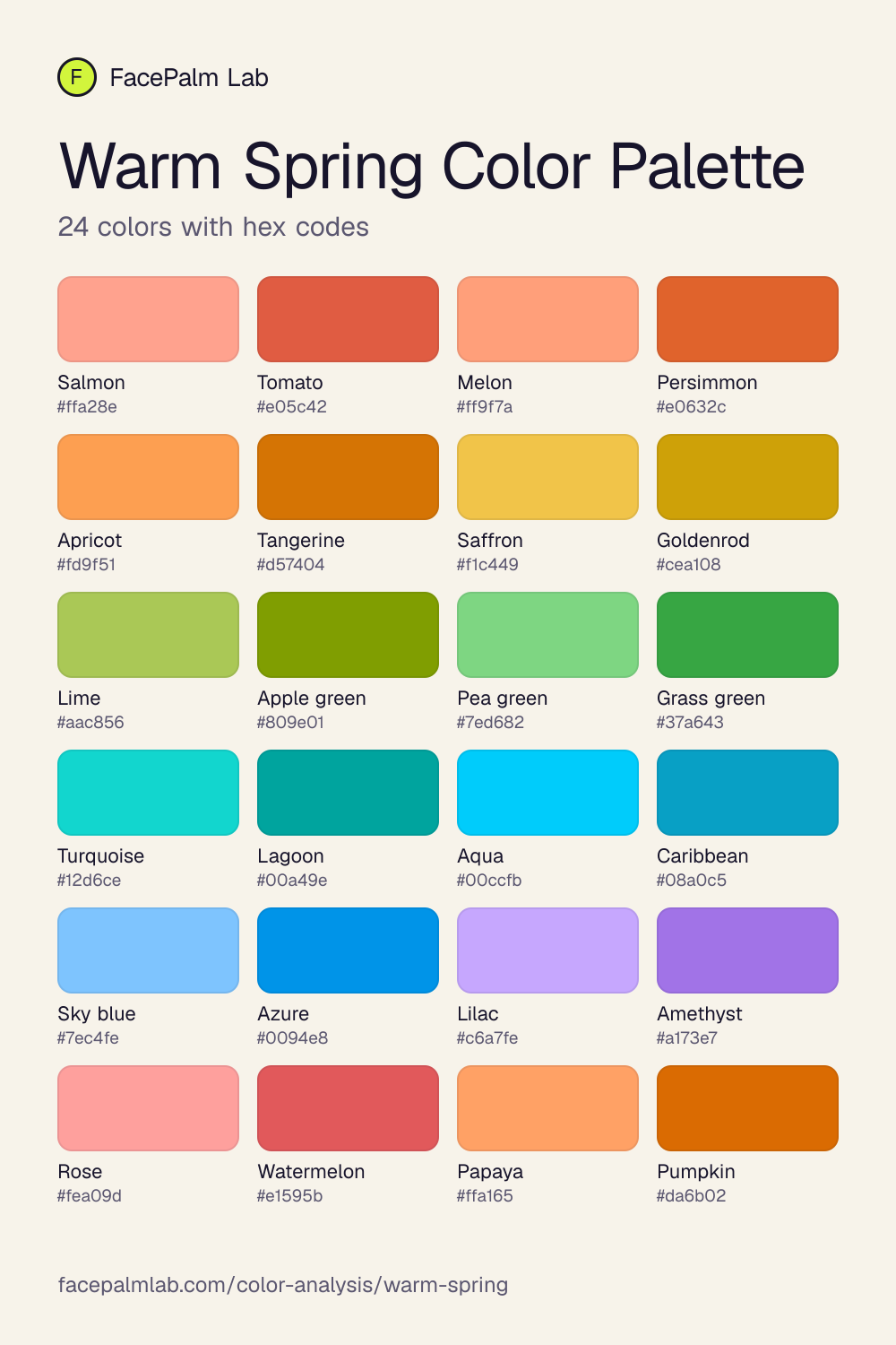 Warm Spring Color Palette with all 24 hex codes
